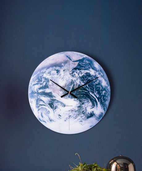 Earth Glass Wall Clock on wall display