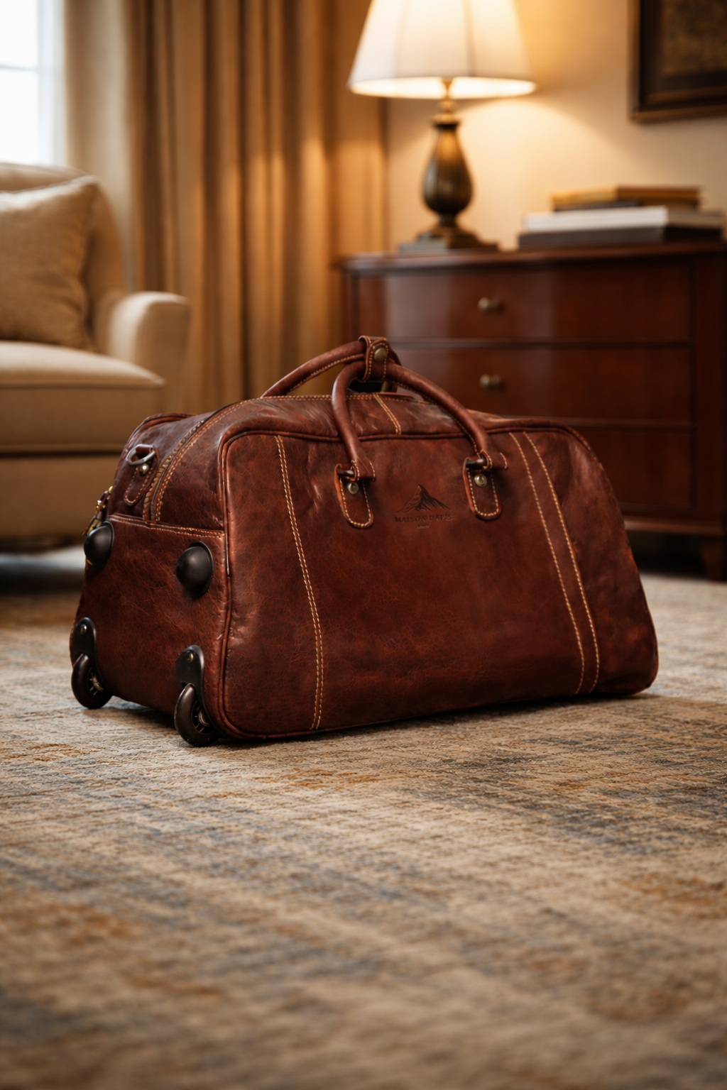 Maison_Davis_Trolley_Leather_Bag in an hotel room