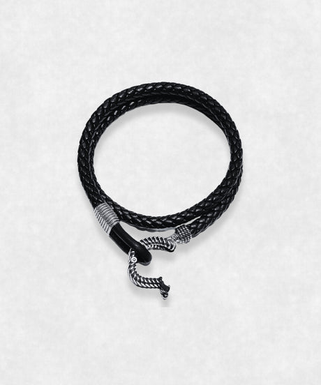 Black Leather and Sterling Silver 925 bracelet open clasp view Maison Davis