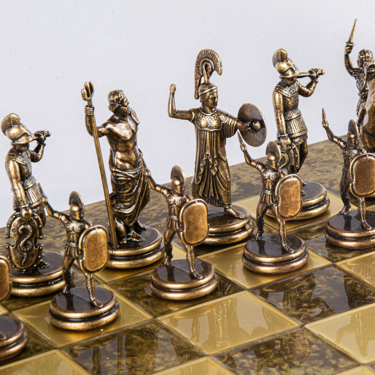 Handmade Greek Mythology Chess Game Brass and Bronze zoom view on brown chessmen