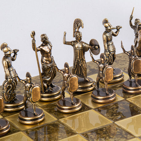 Handmade Greek Mythology Chess Game Brass and Bronze zoom view on brown chessmen