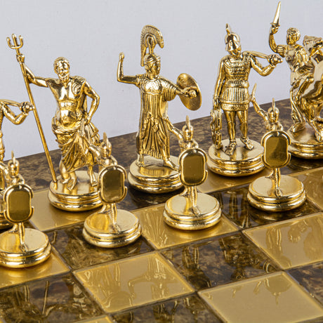 Handmade Greek Mythology Chess Game Brass and Bronze zoom view on gold chessmen