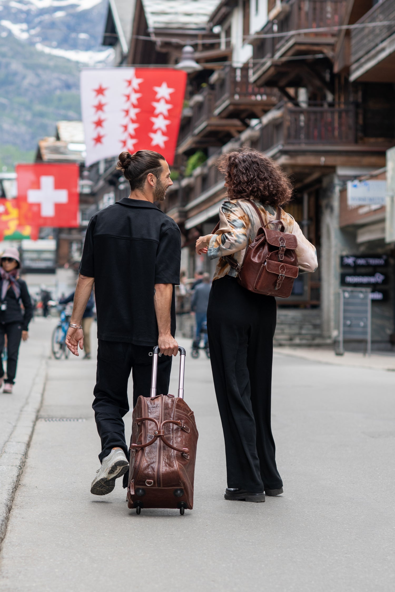 Leather Backpack and Trolley Bag street shot