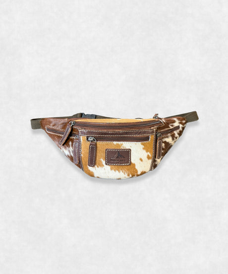 Cowhide leather belt bag front view, compact and stylish for everyday use