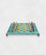 cycladic art chess zoom on chessmen turquoise board