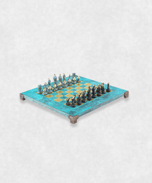 cycladic art chess zoom on chessmen turquoise board side view
