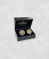 Gold-plated tourbillon cufflinks in luxury presentation box – moving flywheel design with blue screw details